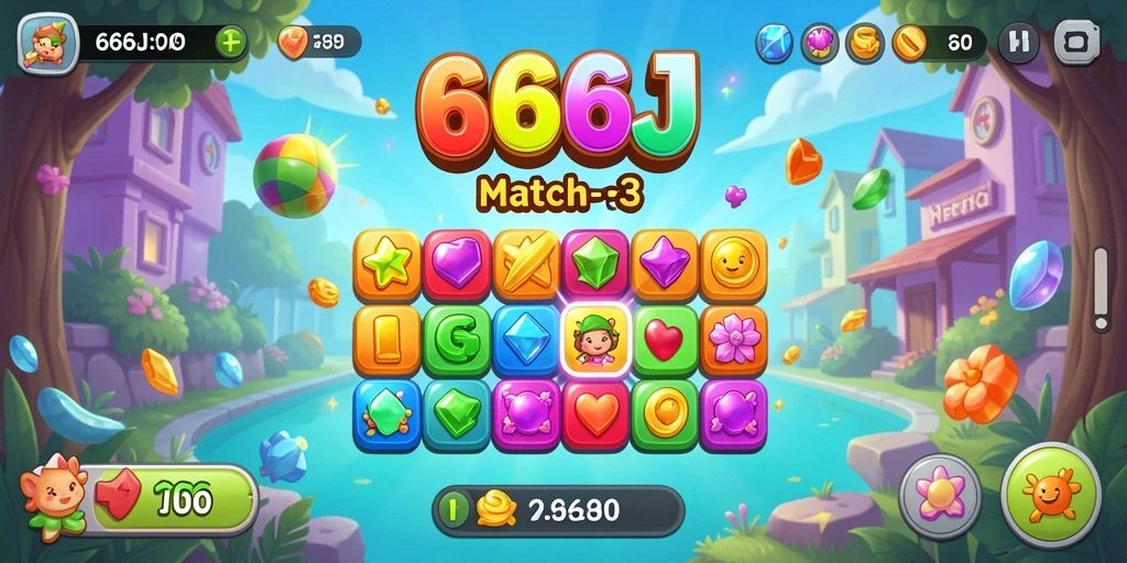 Gameplay seru 666J dengan tantangan Match-3 yang menarik.