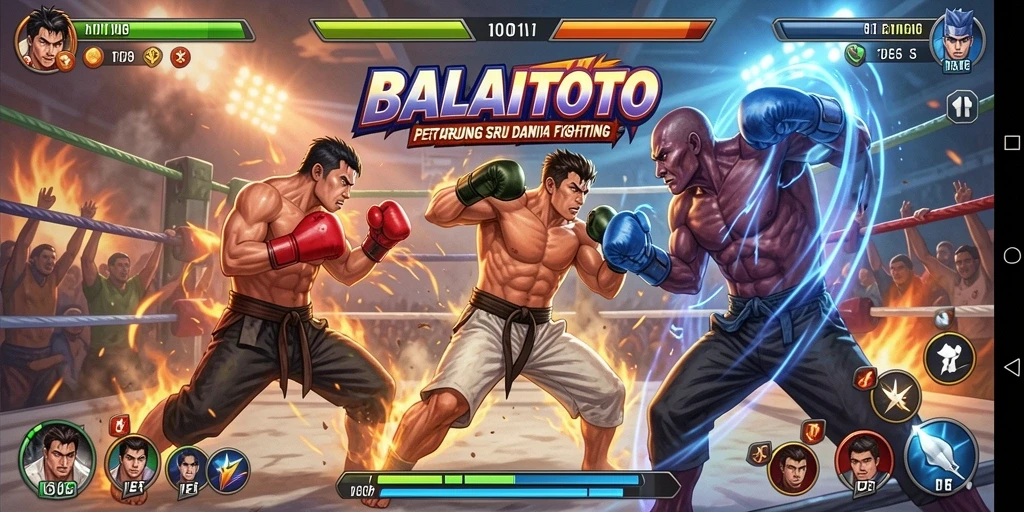 Tampilan gameplay BALAITOTO dengan karakter yang bertarung satu sama lain.