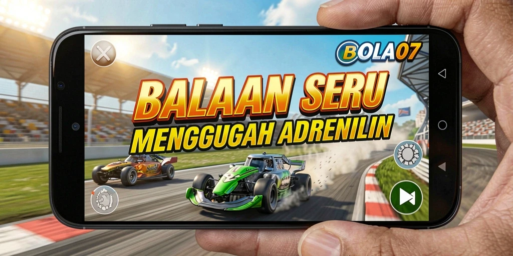 Screenshot utama BOLA07 menampilkan mobil balap di lintasan.