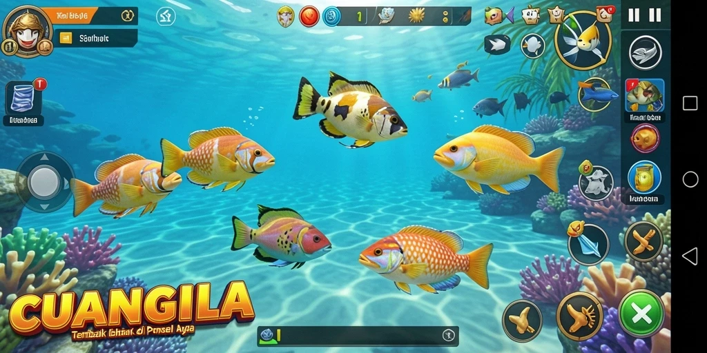 Tampilan gameplay CUANGILA yang seru dan penuh warna saat menembak ikan.