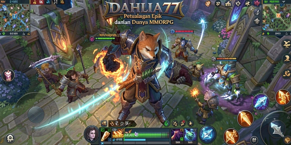 Tangkapan layar gameplay DAHLIA77 yang menampilkan pertempuran seru di dunia MMORPG.
