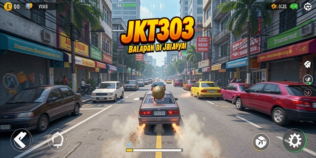 Tangkapan layar JKT303 menampilkan aksi balapan yang mendebarkan dan mobil yang beragam.