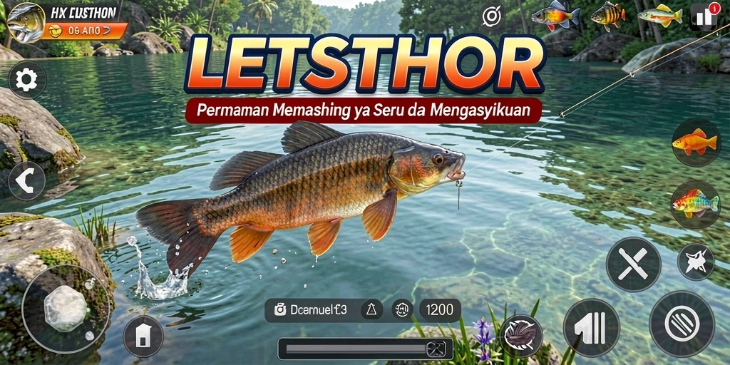 Gameplay seru memancing di LETSTHOR dengan berbagai jenis ikan.