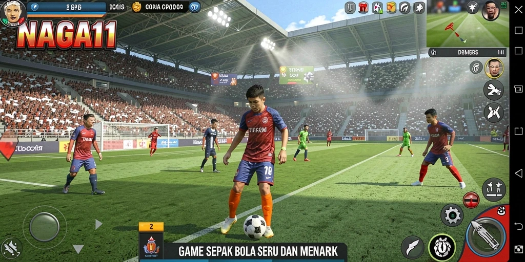 Screenshot gameplay NAGA11 menunjukkan aksi seru di lapangan sepak bola.
