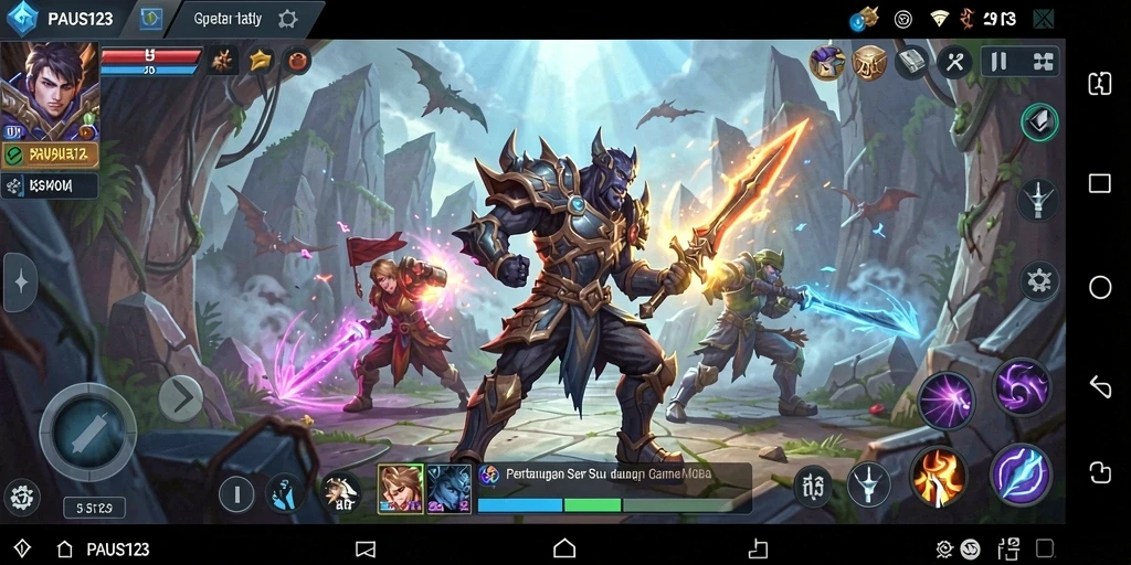 Screenshot gameplay PAUS123 menampilkan pertempuran seru antara karakter.