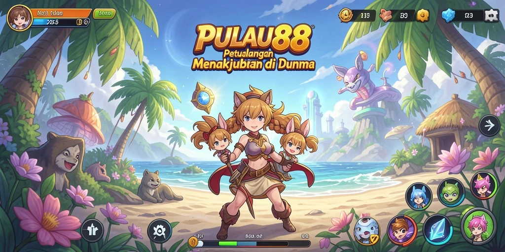 Screenshot gameplay PULAU88 dengan karakter anime dan petualangan seru.