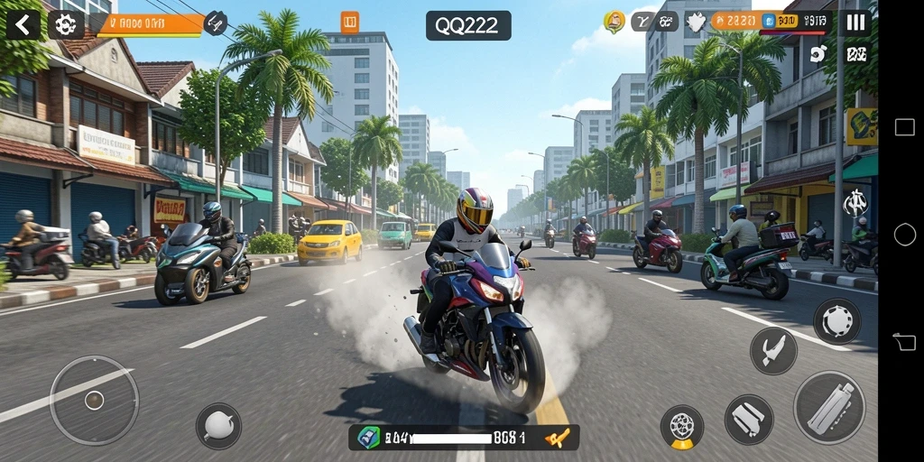 Screenshot utama QQ222 menampilkan aksi balapan motor yang seru.