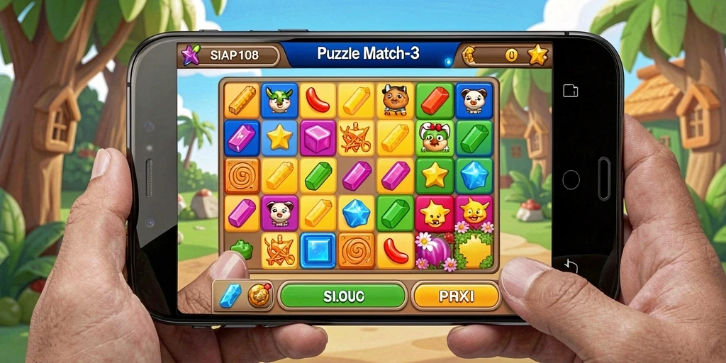 Screenshot menampilkan gameplay penuh warna dalam SIAP108 Match-3.