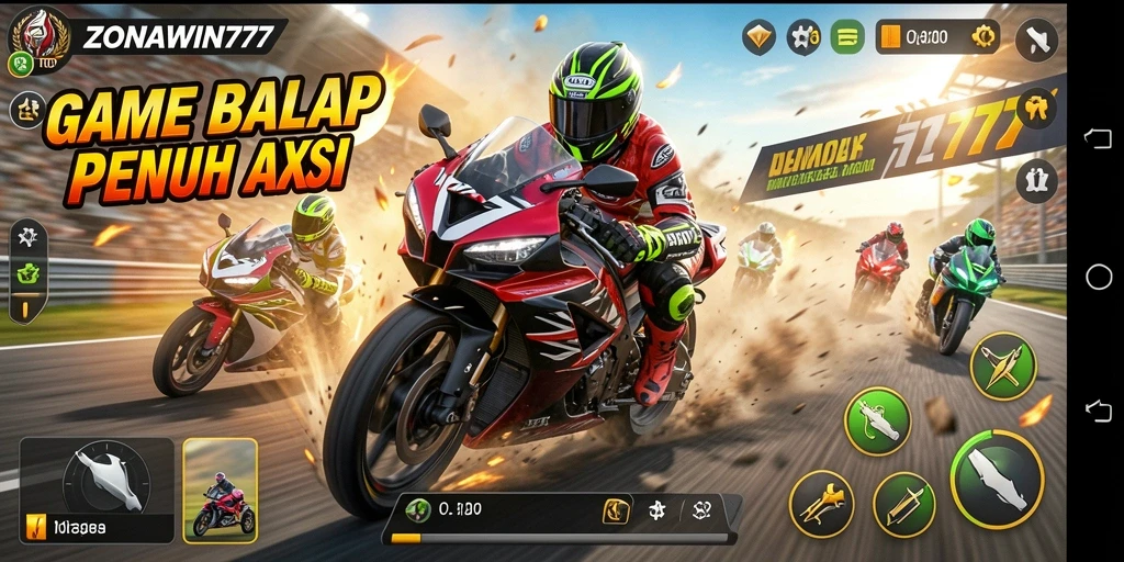 Tampilan gameplay ZONAWIN777 yang mendebarkan dan penuh aksi balap motor.